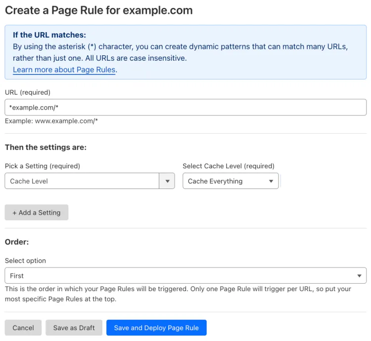 Example Page Rule with 'Cache Level' set to 'Cache Everything'