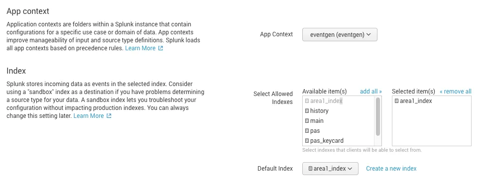 Example of a new index added to the configuration