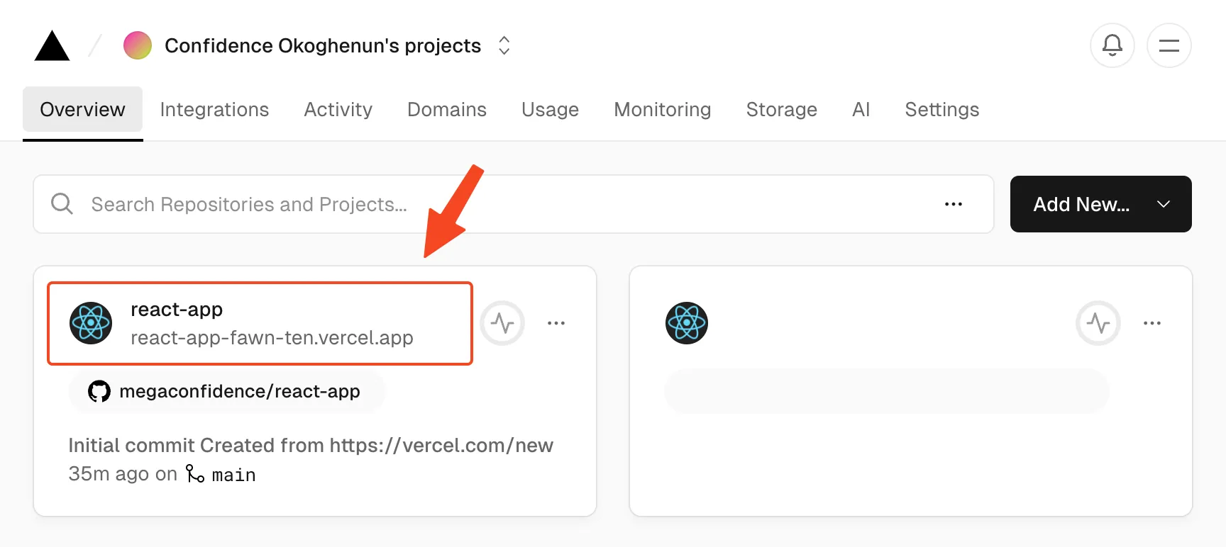 Selecting a site in the Vercel Dashboard